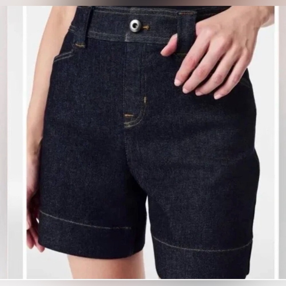 SPANX Dark Wash High Rise Denim Shorts Shaping Wide Leg Size S